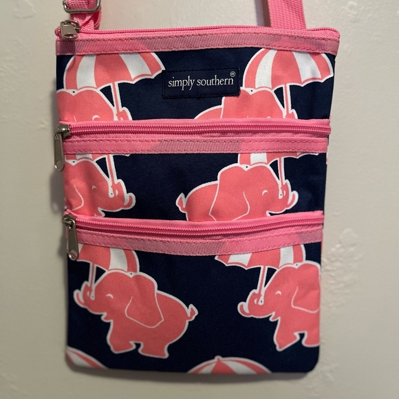 Simply Southern Small Canvas Shoulder Bag, Cross Body, Pink Elephants Umbrellas - Picture 1 of 10